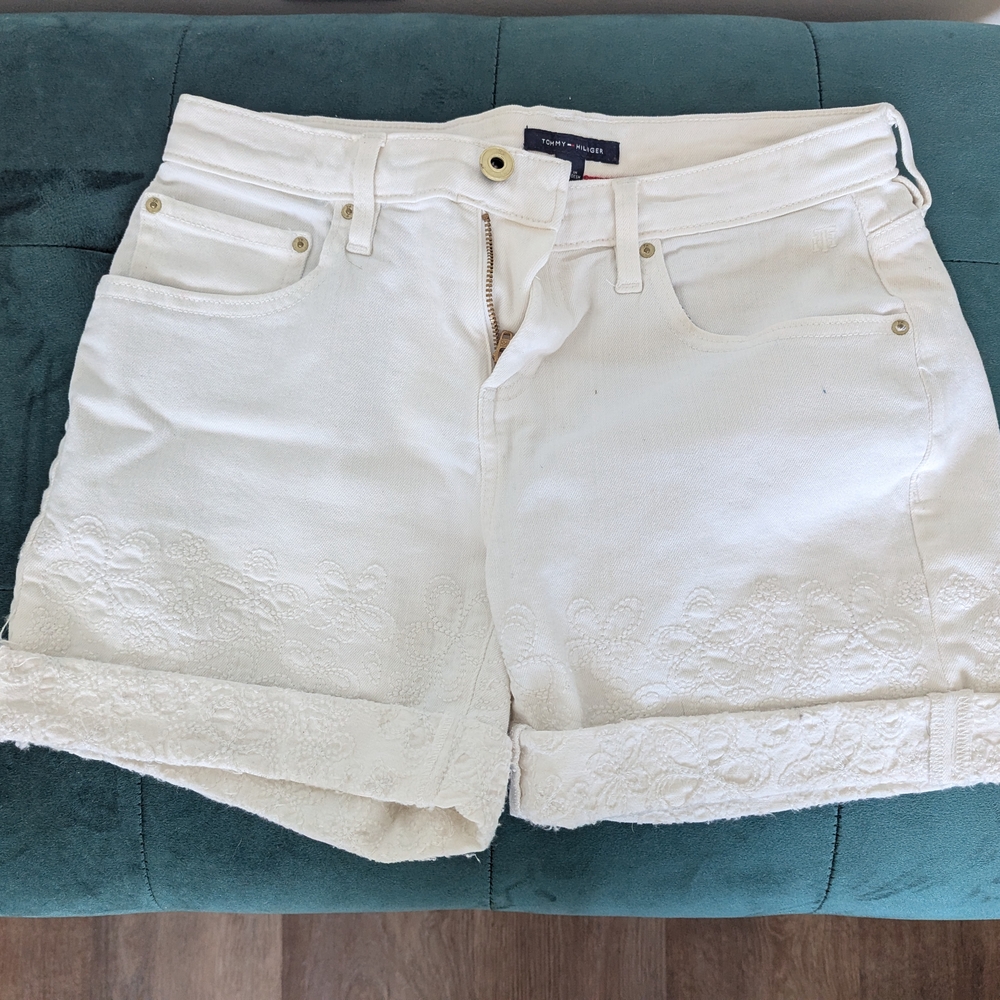 Tommy Hilfiger White Jean Shorts Cuffed Hem Lightweight